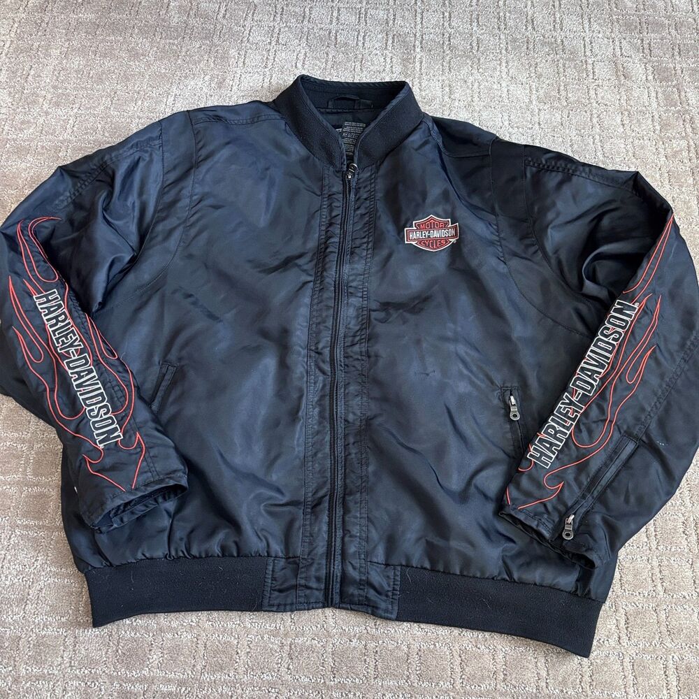 Harley-Davidson Nylon Jacket Embroidered Mens 2XL Black Flames Full Zip Moto